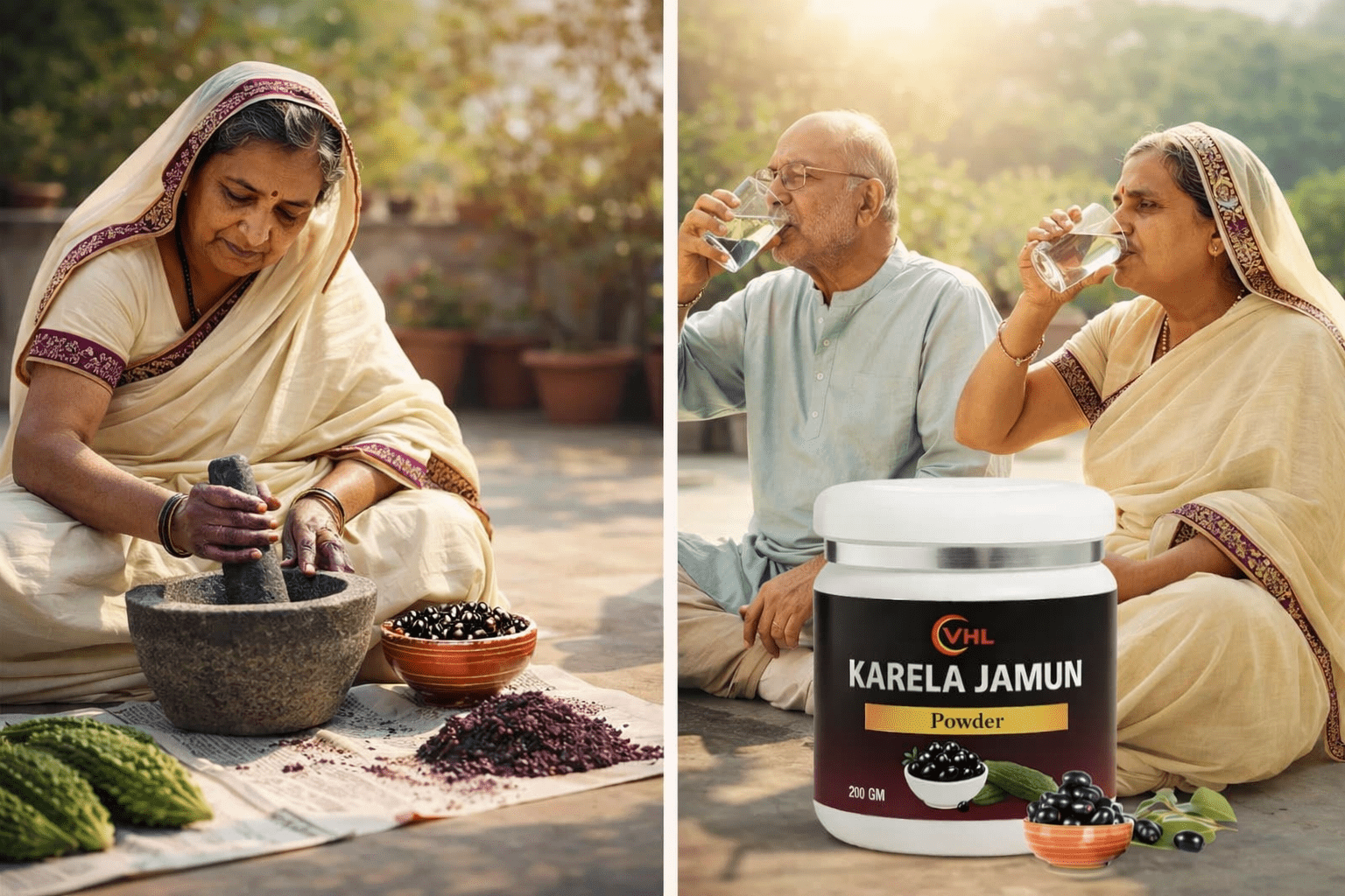 Elderly Indian woman preparing jamun seeds using a traditional stone mortar and pestle on a terrace, showcasing Ayurvedic preparation methods.