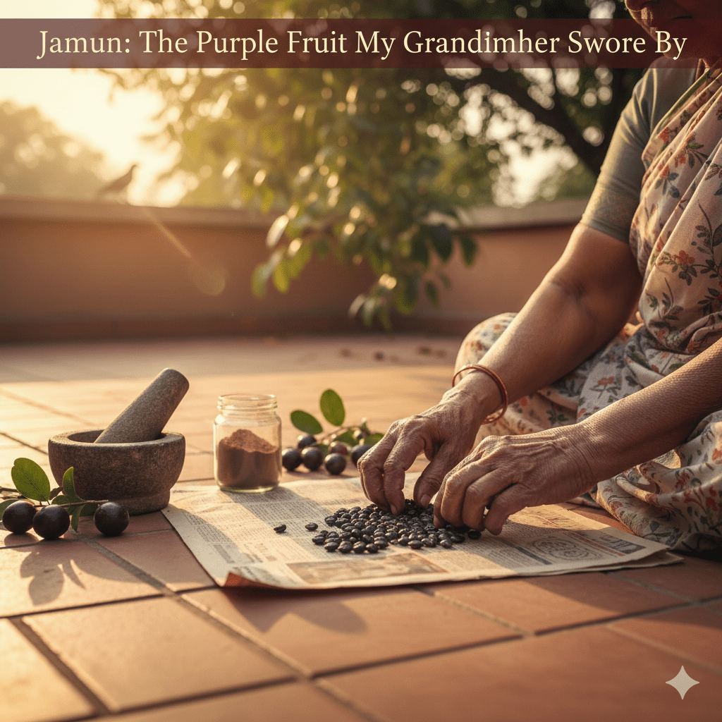 An elderly Indian grandmother drying jamun seeds on a sunny terrace for traditional blood sugar remedy.