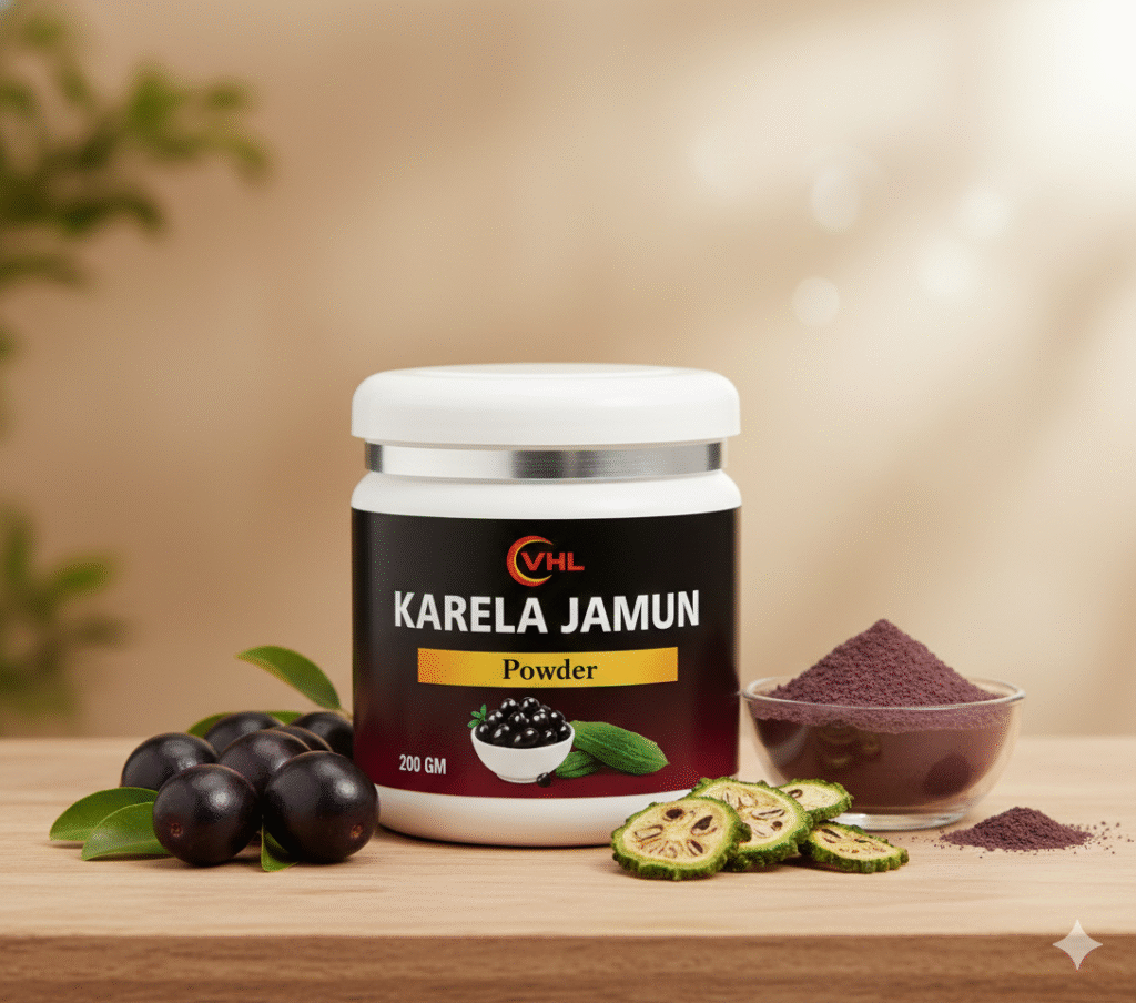 VHL Karela Jamun Powder 200g jar for natural blood sugar management with fresh bitter gourd slices and jamun fruit.
