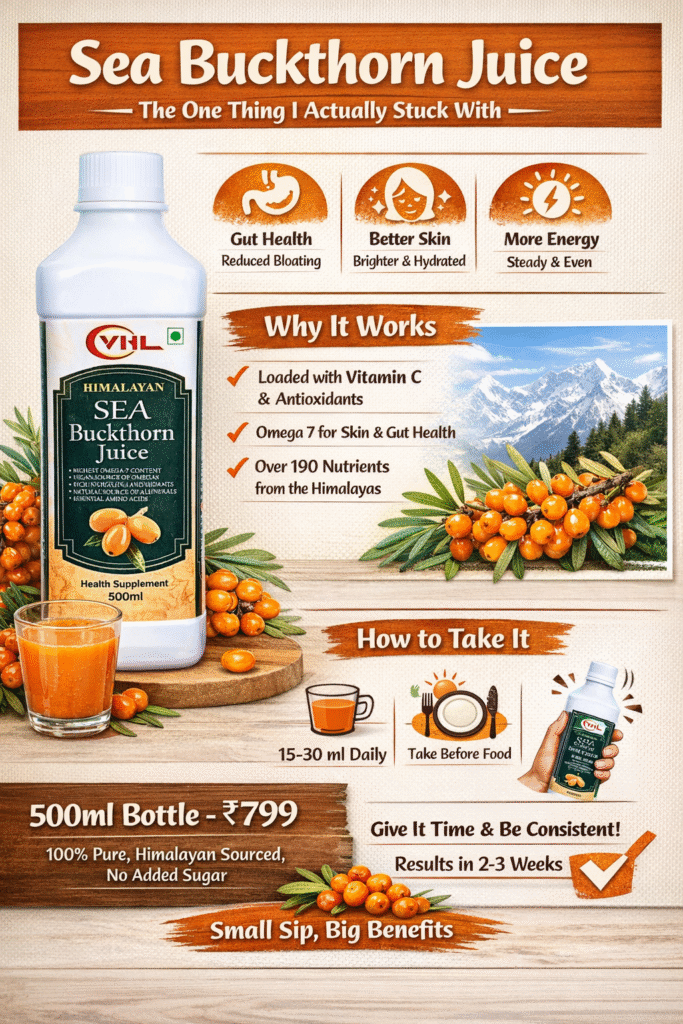 VHL Himalayan Sea Buckthorn Juice 500ml bottle displayed with sea buckthorn berries and juice, highlighting omega-7, vitamin C, gut health, skin hydration, energy support, dosage instructions, and Himalayan sourcing.